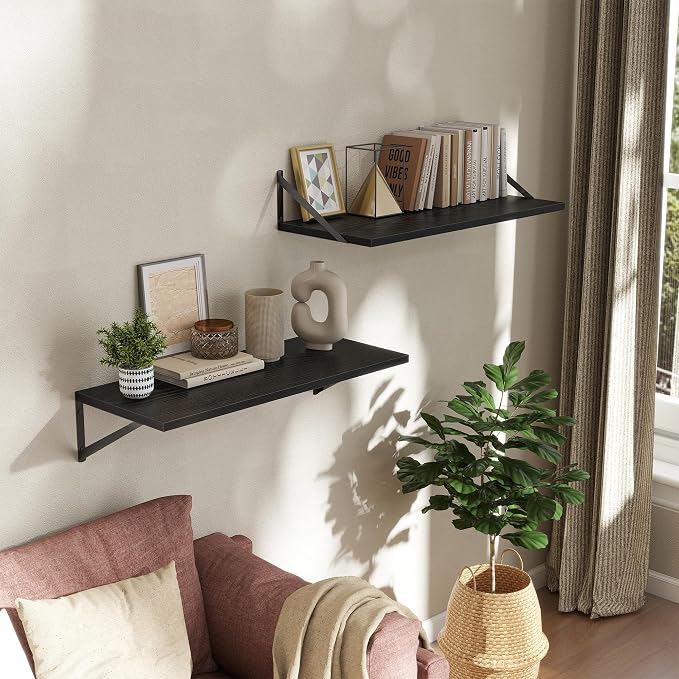Acovy Deep Floating Shelves Wall Mounted, 30"x12" Black Wall Shelves with Brackets Set of 2 for Bedroom, Living Room, Bathroom, Kitchen, Office - Storage & Display Shelf for Decor, Books, Plants