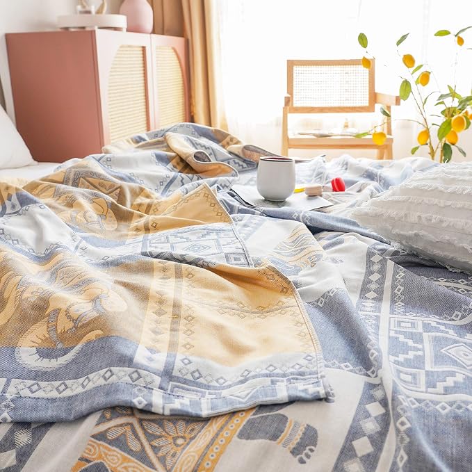 MEJU Elephant Check Geometric Muslin Lightweight Summer Blanket for Bed Sofa Couch, 100% Combed Cotton 2 Layer Soft Warm Quick Dry Throw Blanket Bed Coverlet Sheet Elephant Blue, Twin 60 in X 80 in