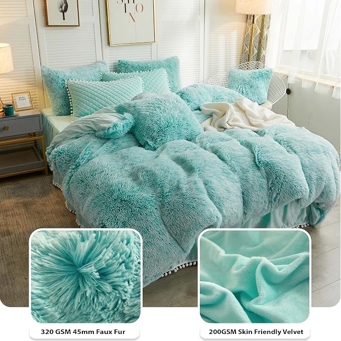 LIFEREVO Luxury Plush Shaggy Duvet Cover Set, Soft Velvet Fluffy Furry Duvet Cover Set(1 Faux Fur Fuzzy Comforter Cover + 1 Pom-poms Pillow Sham) Bedding Set, Zipper Closure(Twin/Twin XL,Ombre Aqua)