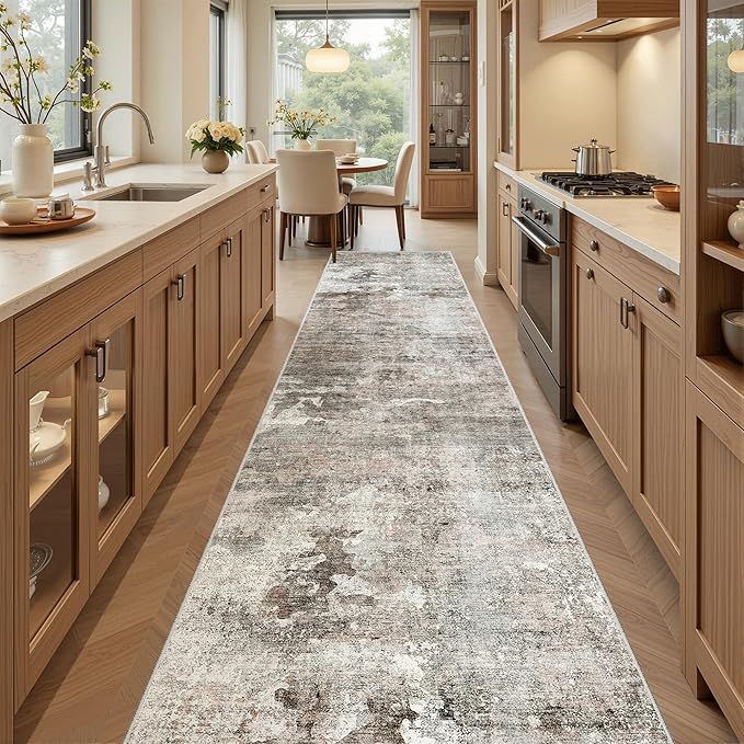 Soalmost Runner Rug 2x12 Washable Non-Slip Hallway Runner Rugs for Kitchen Bathroom Laundry Room Pink/Grey Vintage Floor Carpet Runners for Hallways Entryway