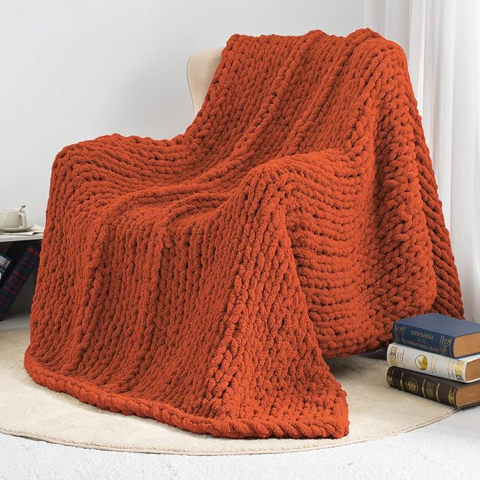 Chunky Knit Throw Blanket 50x60, 100% Handmade Chenille Yarn | 4.4lbs Soft Thick Cable Knitted Blankets, Large Rope Knot Crochet Throws for Couch Sofa Bed Thanksgiving Fall Decor, Rust