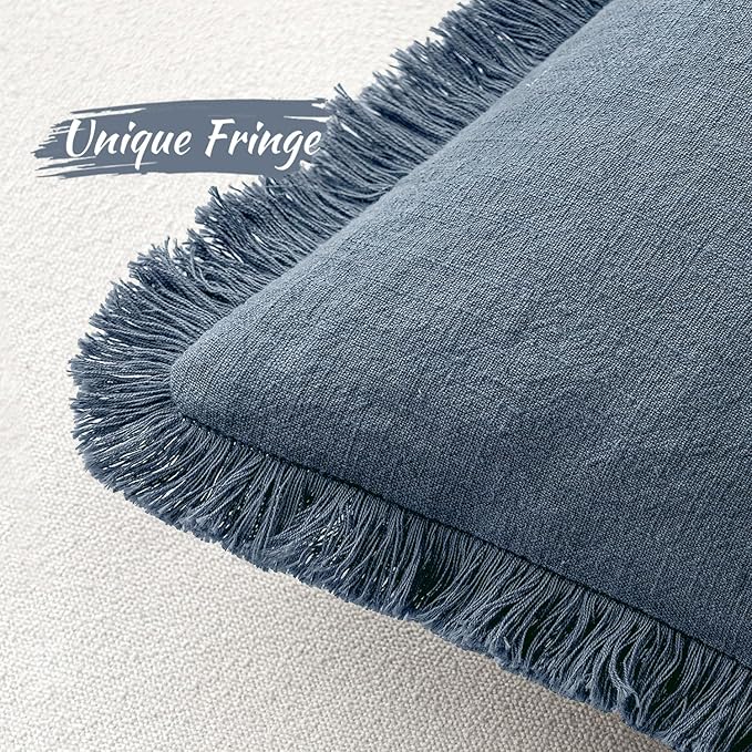 MIULEE Decorative Throw Pillow Covers Neutral Linen Fringe Throw Pillows Set of 2 Blue Ashes Boho Farmhouse Cushion Covers with Tassels for Couch Sofa Bed Spring Home Decor 24x24 Inch