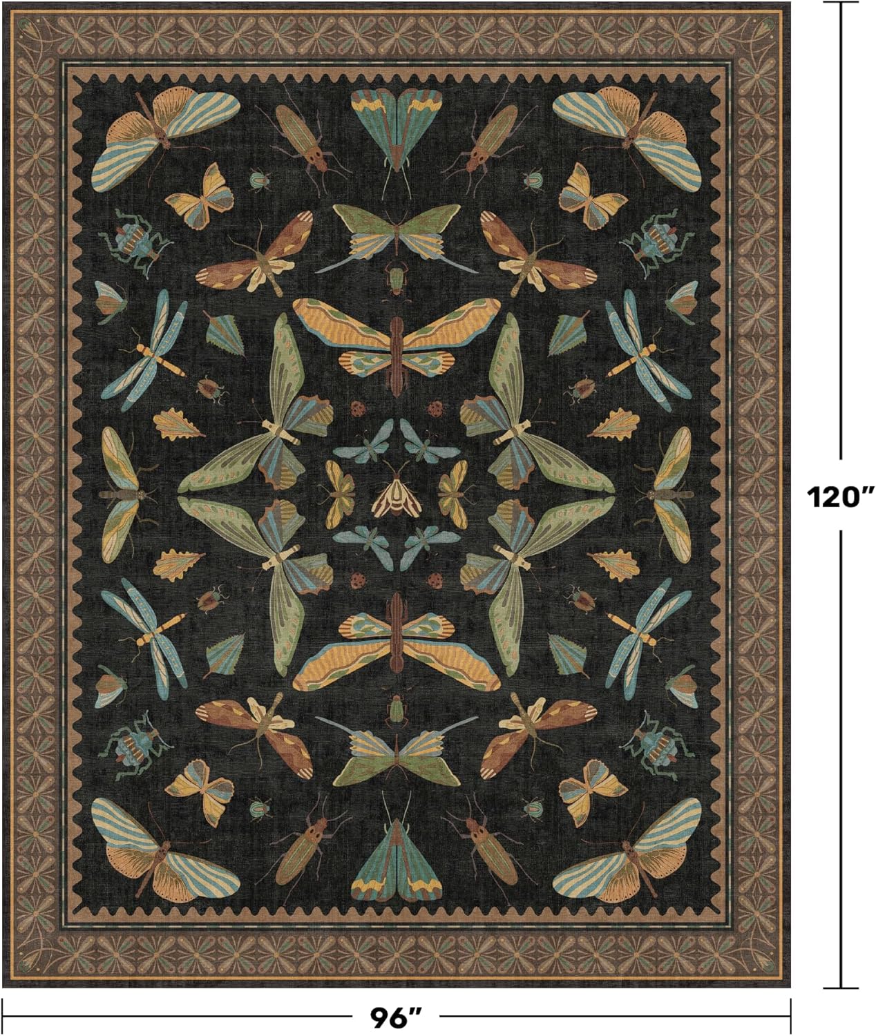 Black Washable Insect Area Rugs 8x10 - Bug, Dragonfly, Bee, Moth, Butterfly Print Rugs for Living Room, Bedroom, Dining Room Under Table, Playroom, Dark Whimscal Boho Carpet, Soft & Non Slip