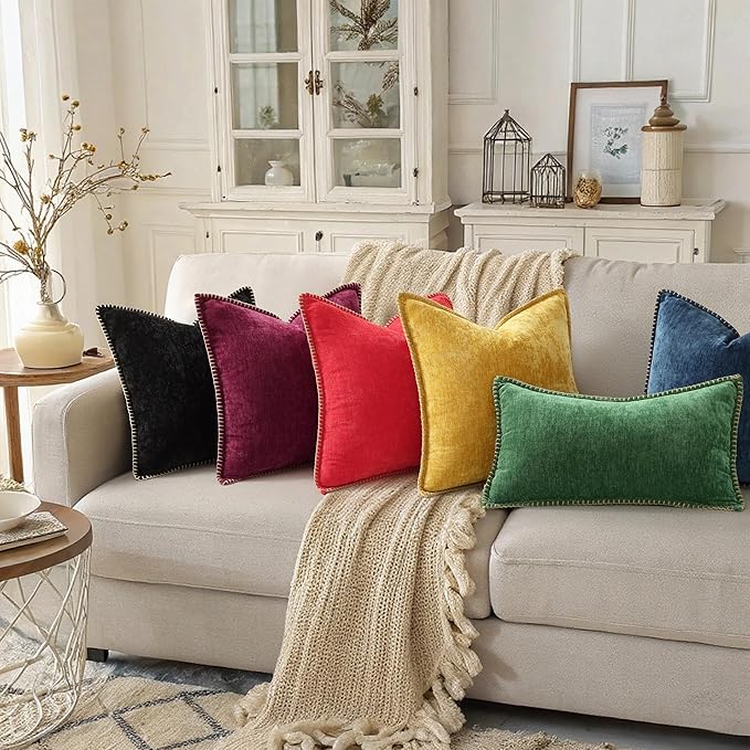 decorUhome Chenille Soft Cozy Throw Pillow Covers 12x20 Set of 2, Modern Farmhouse Boho Velvet Decorative Pillow Cases with Stitched Edge for Couch Sofa Bed Home Decor, Rhododendron