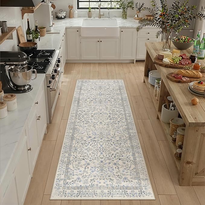 PureCozy 2.6x10 Blue Area Rug for Kitchen Washable Vintage Floral Carpet Low Pile Non Slip Botanical Aesthetic Soft Accent Throw Rug Entrance Bathroom Bedroom Nursery Office Indoor