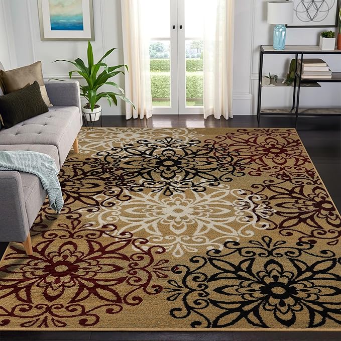 Superior Indoor Area Rug, Jute Backed, Perfect for Entryway, Office, Living/Dining Room, Bedroom, Kitchen, Hardwood Floor, Floral Scroll Decor, Leigh Collection, 5' x 8', Brown