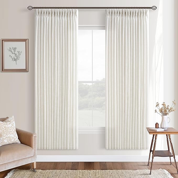 Semi Sheer Linen Curtains 72 Inches Long Neutral Country Cream Ivory Birch Flax Linen Light Filtering Pinch Pleated 72 Inch Curtains Back Tab for Door Cabin Closet 2 Panels Set Boho Farmhouse Decor