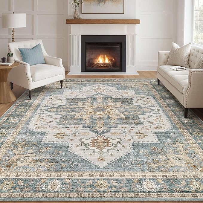 Tortania Area Rug Living Room Rugs - 8x10 Washable Boho Rug Vintage Oriental Distressed Farmhouse Large Thin Indoor Carpet for Living Room Bedroom Under Dining Table Home Office - Muted Teal
