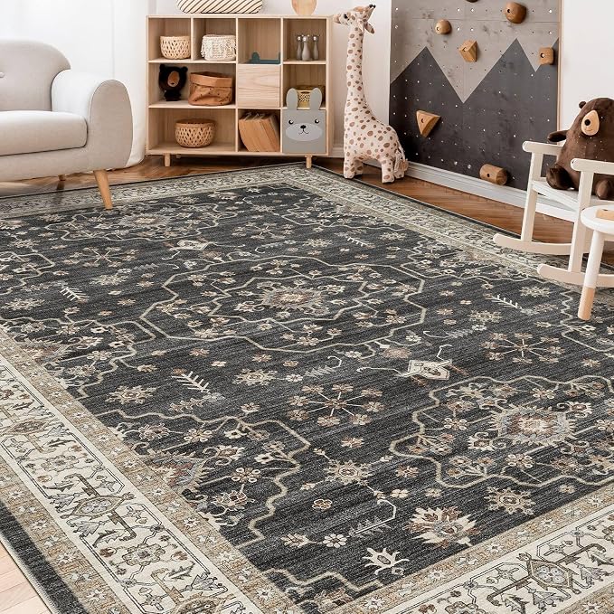 Area Rug for Living Room - 7x9 Soft Washable Oriental Vintage Floral Distressed Large Carpet - Fade Stain Resistant Non Slip Rugs for Bedroom Dining Room Nursery Dorm Office Home Decor - Black