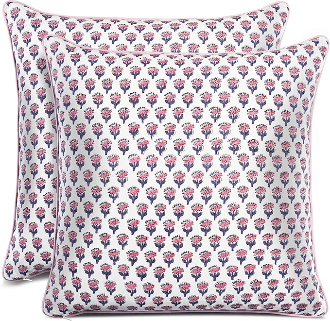 CPC 100% Cotton Throw Pillow Covers 24x24 Inch, Set of 2 Pink Block Print Pattern Couch Pillow, Cute Boho Decorative Pillows for Living Room, Bedroom with Hidden Zipper- Pink Sapphire
