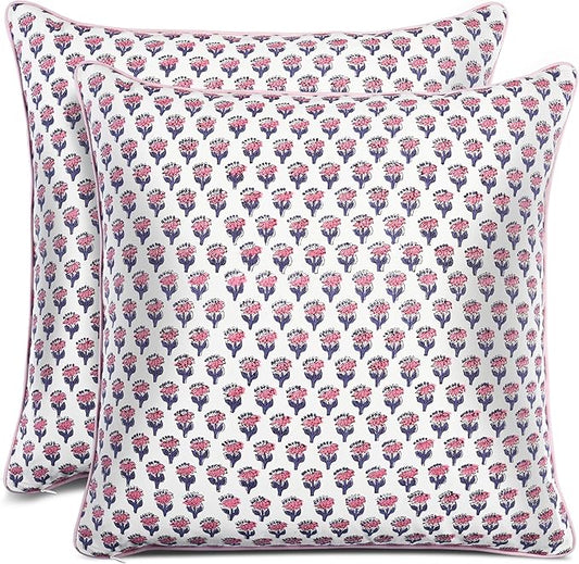 CPC 100% Cotton Throw Pillow Covers 20x20 Inch, Set of 2 Pink Block Print Pattern Couch Pillow, Cute Boho Decorative Pillows for Living Room, Bedroom with Hidden Zipper- Pink Sapphire