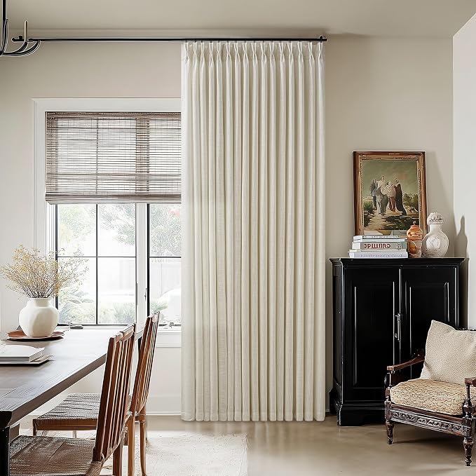 Extra Wide 70 Inch Width Pinch Pleated Curtains 90 Inch Length for Living Room Thick Linen Boho Curtain Memory Shape Light Filtering Privacy for Bedroom Large Windows Hooks Rings Beige 1 Panel 70x90