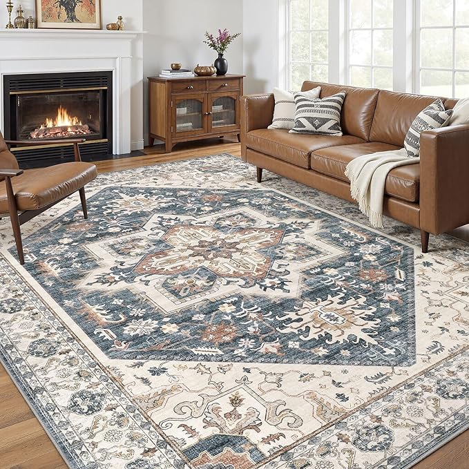 9x12 Area Rugs for Living Room - Large Carpet Ultra Thin Soft Washable Oriental Vintage Floral Distressed Rug Big Indoor Carpets for Bedroom Nursery Dorm Home Decor Aesthetic - Vintage Blue