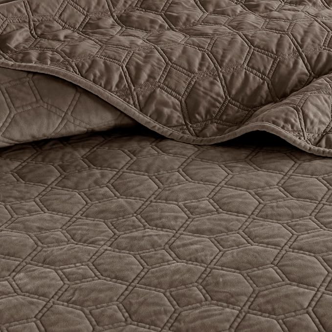 Madison Park Harper Quilt Set Velvet Casual Geometric Stitching Design All Season, Lightweight Coverlet, Cozy Bedding, Matching Shams, Full/Queen(90"x90"), Taupe 3 Piece