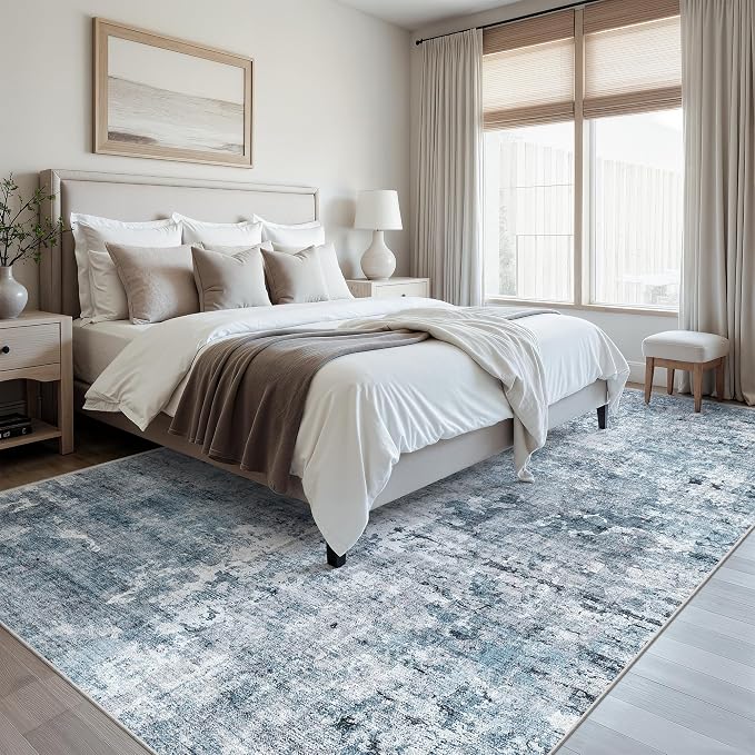 Soalmost 7x10 Area Rug for Living Room Washable Abstract Vintage Soft Thin Indoor Floor Non-Slip Carpet for Bedroom Dining Room Blue
