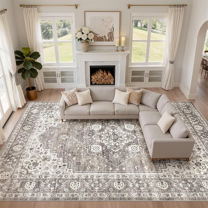 10x14 Area Rugs Living Room: Washable Boho Large Neutral Vintage Soft Rug Stain Resistant Farmhouse Non-Slip Indoor Rustic Floor Carpet for Bedroom Nursery Kids Playroom Office Dining Room- Dark Brown