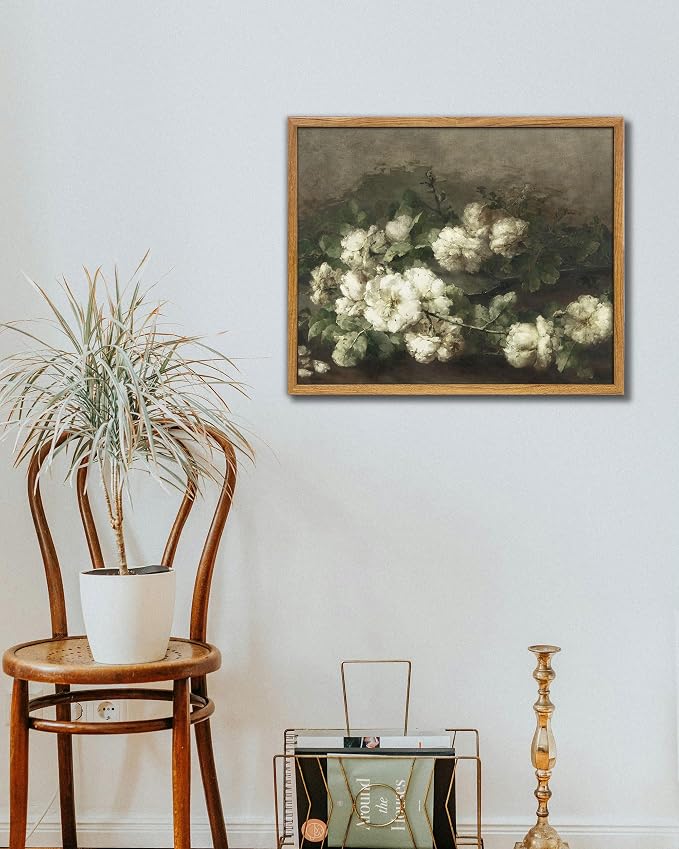 UPWOIGH White Floral Framed Still Life Wall Art, 16 x 24 Inch | Cream White Blooms and Dark Green Leaves, Vintage Moody Oil Painting Style, Warm Wood Frame for Living Room and Bedroom