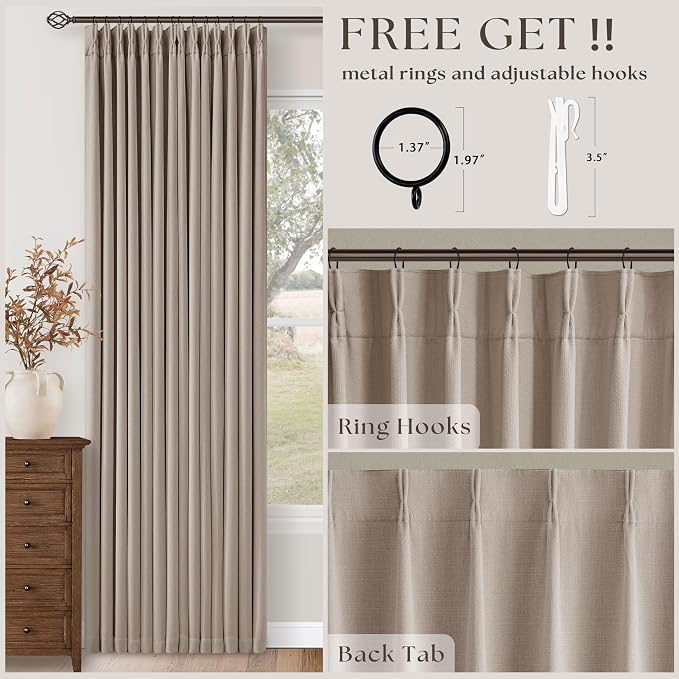 Pinch Pleated Blackout 102 Inch Bedroom Curtains 2 Panels Set Linen Dual Layer Soundproof Farmhouse Window Drapes for Living Room with Hooks Rings Back Tab 100% Black Out Window Drapes 40x102