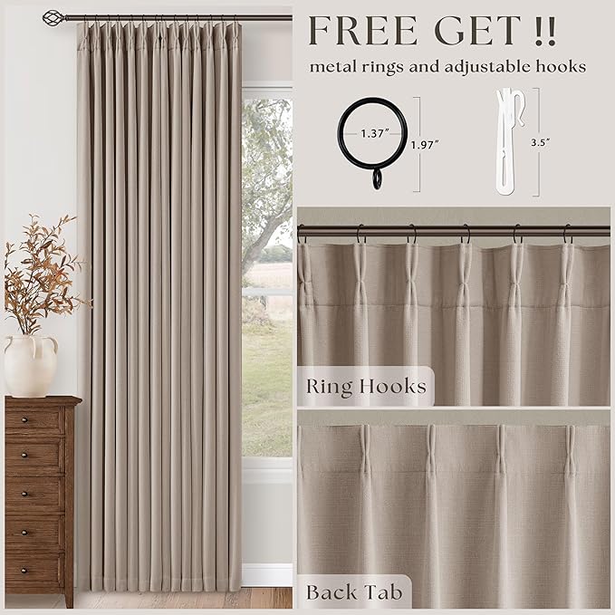 60 Inch Extra Wide 100% Blackout Curtains 92 Inches Long 1 Panel for Bedroom, Burlywood Birch Memory Trained Pleated Thick Linen Thermal Noise Reducing Windows Curtain Light Blocking Drapes 60x92