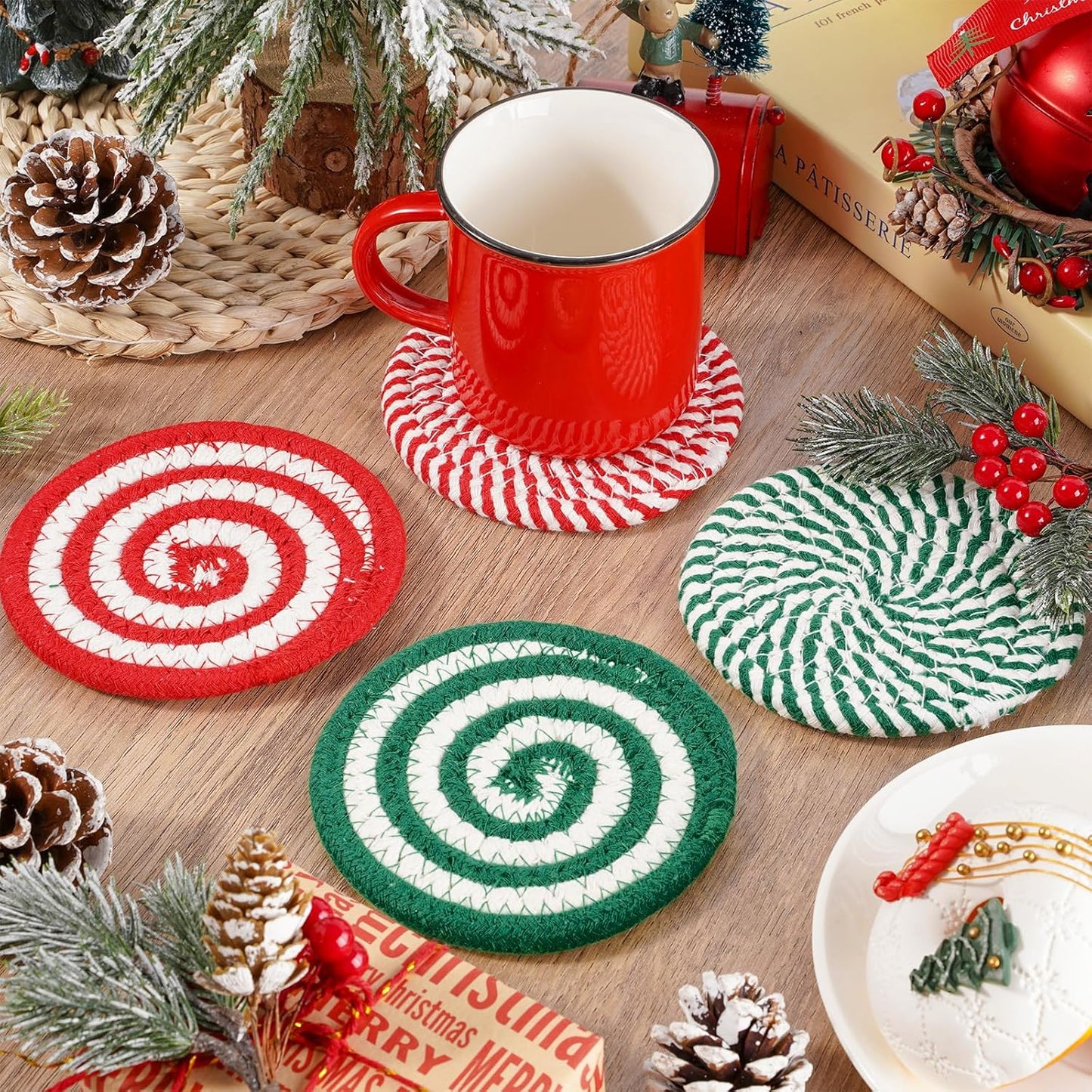 Whaline Christmas Cotton Coasters Red Green Peppermint Candy Handmade Braided Drink Coasters Absorbent Cup Mats for Xmas Holiday Party Home Table Decor, Set of 4