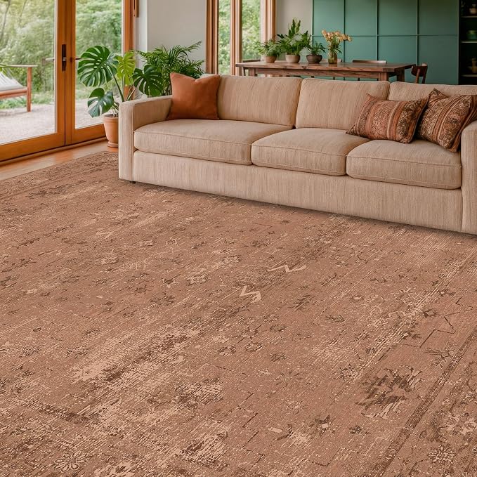 TALANOVA Terracotta 8x10 Washable Area Rugs for Living Room, Non-Slip Low Pile Rust Vintage Distressed Geometric Rug, Southwestern Boho Decor for Bedroom & Dining Room