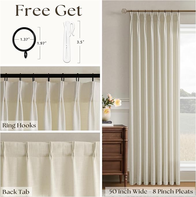 Flax Burlap 90 Inch Pinch Pleated Linen Curtains for Living Room Thick Linen Textured Drapes 90 Inches Long Pinch Pleat Drapes Semi Sheer Curtain for Dining Bedroom Office Beige Oatmeal W50xL90