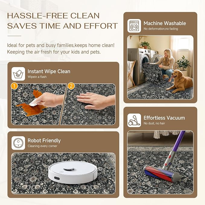 HUGEAR 2x3 Entryway Rug Machine Washable Area Rug Black Beige Small Rugs Door Mat Indoor Accent Carpet Floral Low Pile Distressed Throw Rugs Kitchen Office Non Slip