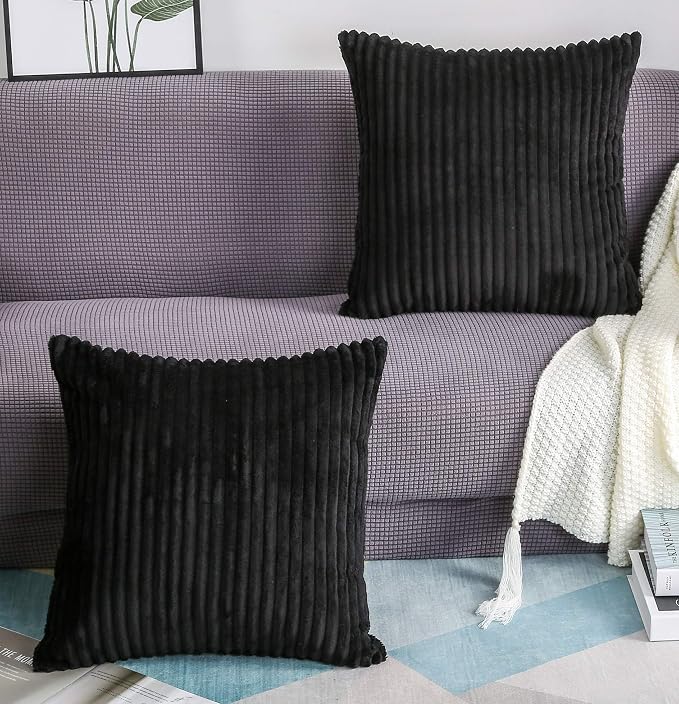 TangDepot Velvet Big Corduroy Pillow Covers 12x12 Black 2-Pack | Soft wide-stripe corduroy pillow cover, hidden zipper, machine washable, easy refresh, for bedroom living room indoor outdoor