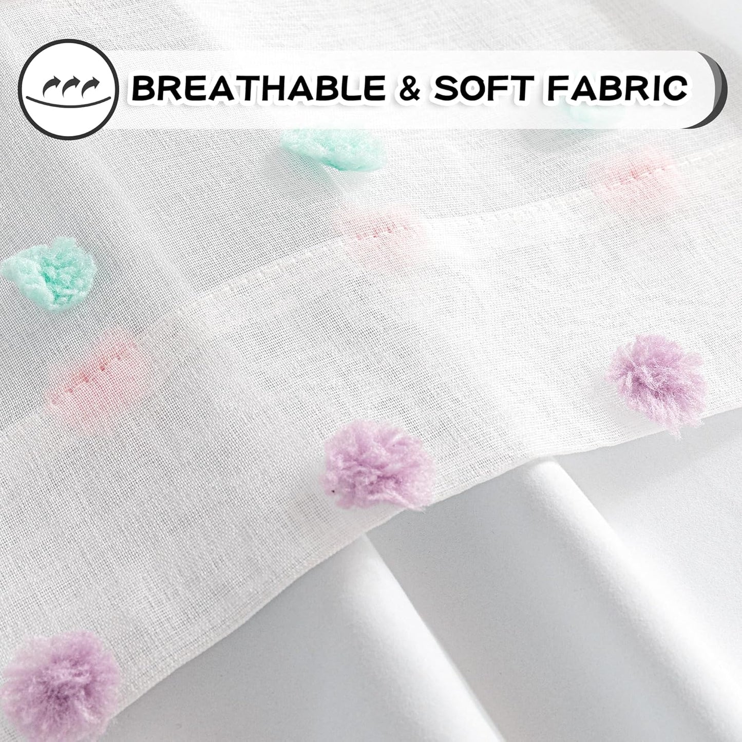 MYSKY HOME White 100% Blackout Curtains for Bedroom 72 Inch Long Light Blocking Drapes for Kids Room Thermal Insulated Room Darkening Curtains with Rainbow Pom Pom Sheer Grommet Set of 2, 52W x 72L