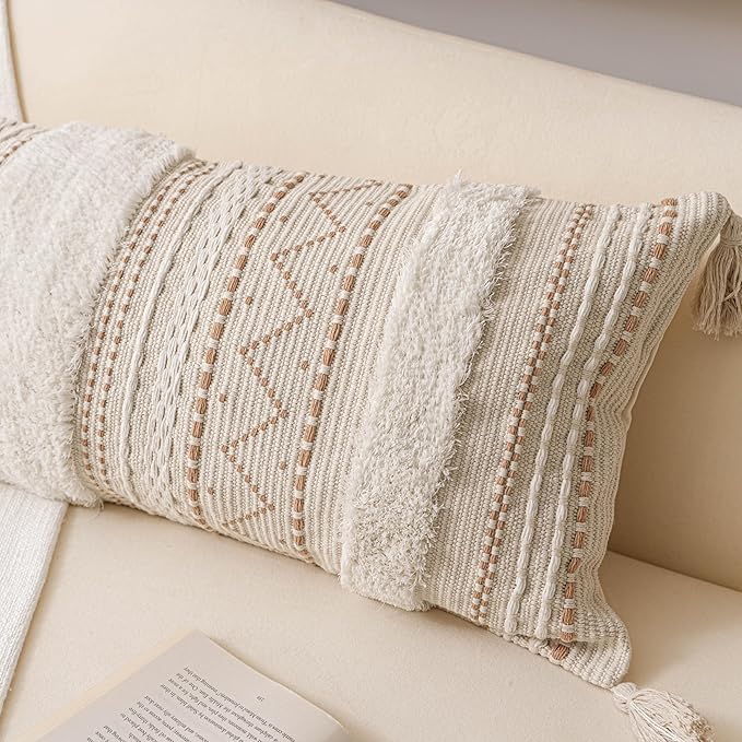 BlissBlush 18X18 Throw Pillow Cover, Cream Neutral Beige Square Decorative Cushion Cover, Boho Accent Pillowcase with Tufted Details and Tassels for Couch Sofa Living Room(Cover Only)