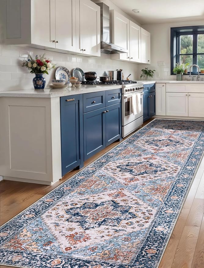 SERISSA Runner Rug for Hallways, 3x12 Washable Non Slip Kitchen Runner Rug, Extra Long Boho Rug Ultra Soft Vintage Blue Orange Print Floor Carpet for Bedroom Hallway Entryway Bathroom Laundry Room