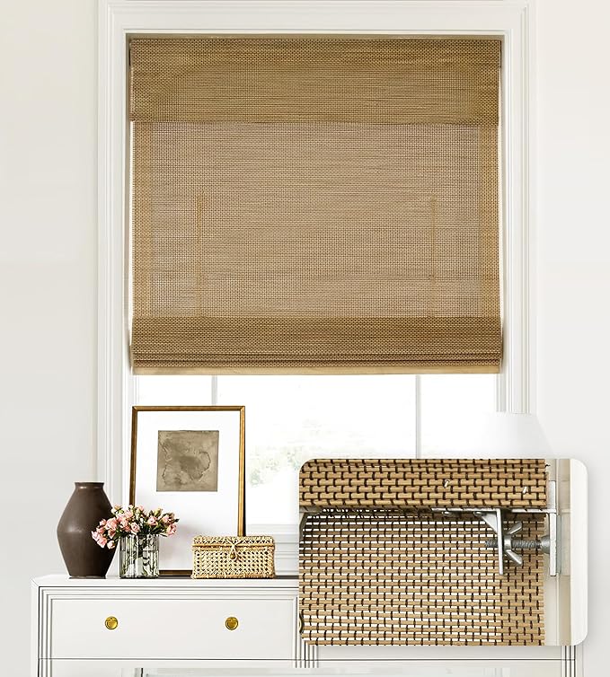 LazBlinds No Tools No Drill Cordless Bamboo Roman Shades, Light Filtering Window Treatment, Roll Up Bamboo Blinds for Windows 28'' W x 64'' H, Acorn