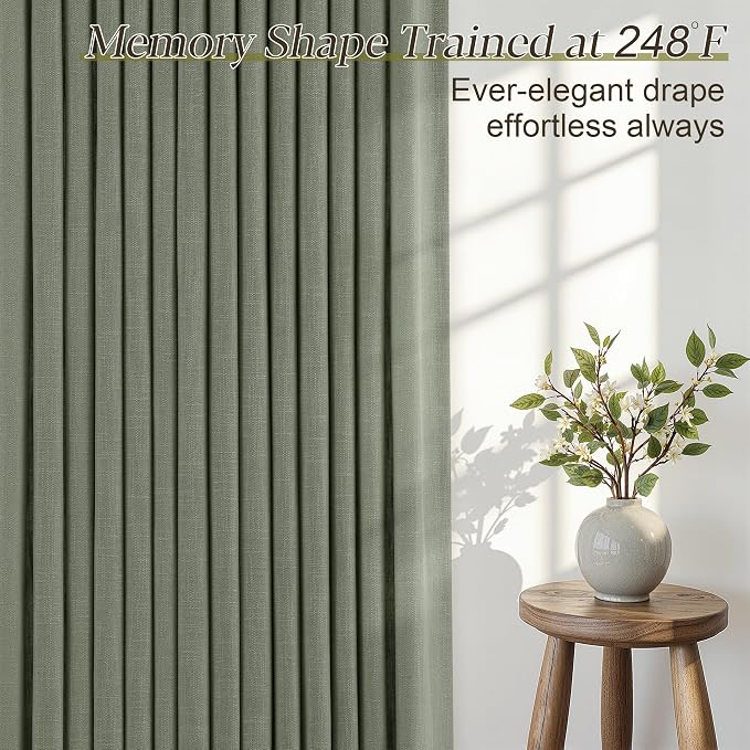 Sage Green Pinch Pleated Linen Curtains 90 Inches Long for Living Room Bedroom with Rings Hooks Clips Back Tab Semi Sheer Curtains Light Filtering Boho Farmhouse Drapes Light Green