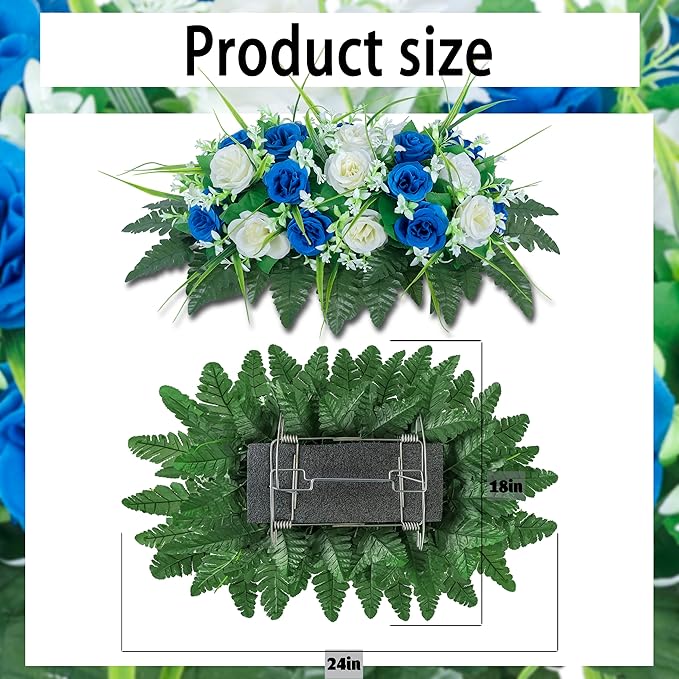 DONODA Cemetery Tombstone Flower Saddle - Outdoor Grave Decorations - Non-Bleed Colors, Rose Combination Flower (Dark Blue and White Saddle)