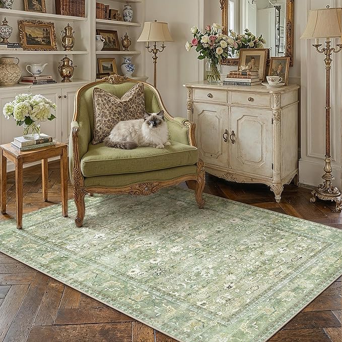 HUGEAR 3x5 Machine Washable Rugs Light Green Hallway Area Rug Indoor Accent Rug Floral Low Pile Carpet Soft Throw Aesthetic Rug Bedroom Living Room Office Dining Room Kitchen Laundry Room Non Slip