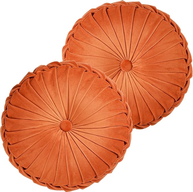 ROSE&RISY Round Pleated Velvet Throw Pillows, 2 Pack Decorative Accent Pumpkin Pillow Cushion for Couch Sofa Bed, Soft Plush Retro Vanity Throw Pillows for Home Decor, 14.5 Inch, Orange
