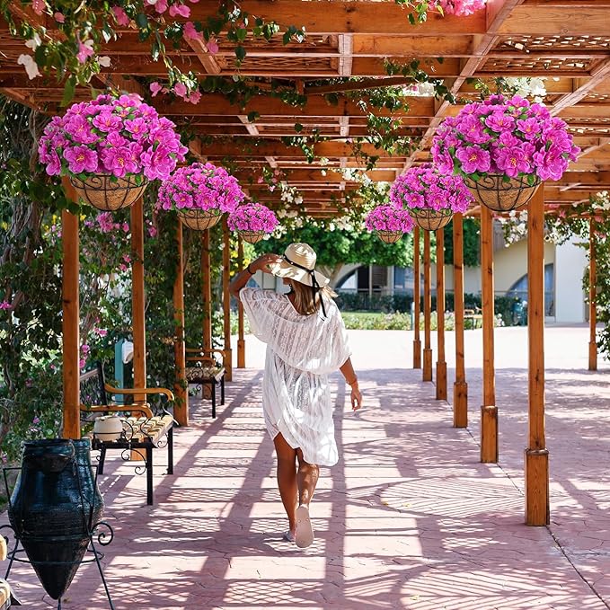 Ouddy Decor Artificial Hanging Flowers with Basket, Silk Azalea Flowers in Coconut Basket, Fake Hanging Plants Artificial Decor for Outdoor Indoor Yard Garden Patio Home Room Porch Decor (Fuchsia)