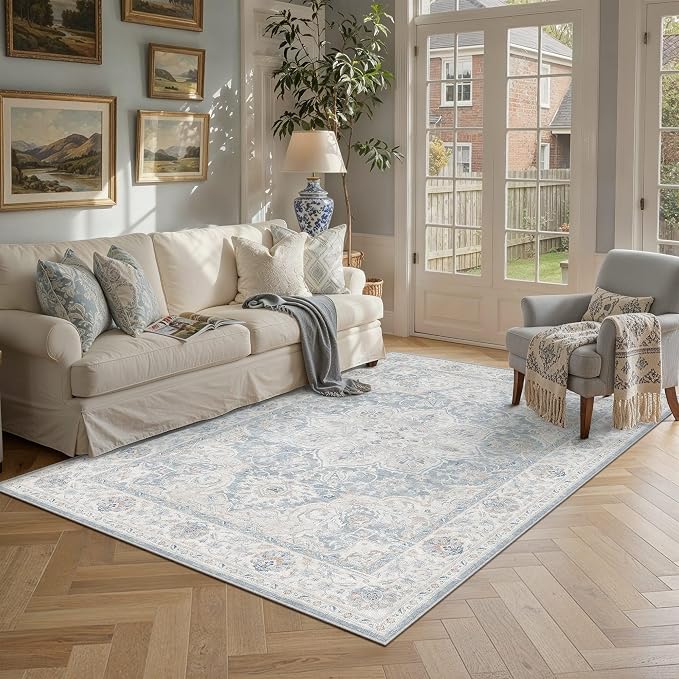 HUGEAR 6x9 Washable Area Rugs for Living Room Bedroom Blue Vintage Large Soft Carpet Rug Non-Shedding & Non-Slip Low Pile Indoor Home Decor Dining Room Kitchen Office Floor Mat