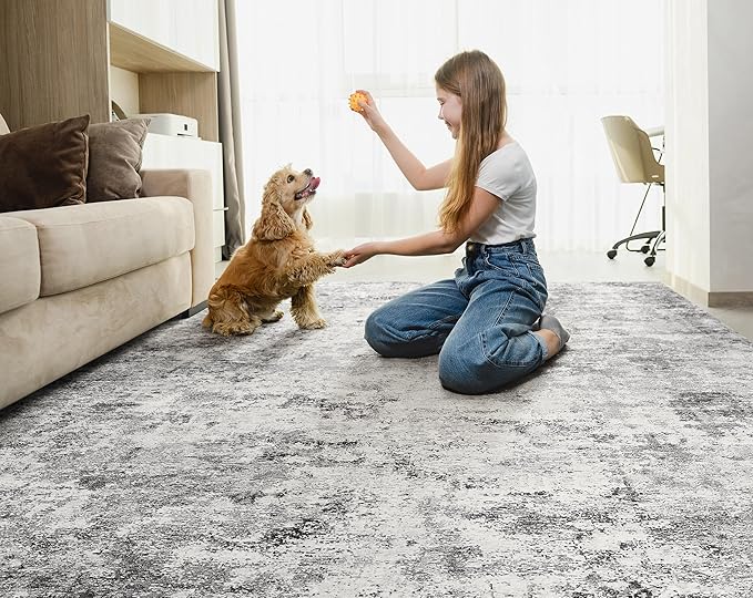 UERMEI 5x7 Area Rug Living Room Rugs - Washable Neutral Modern Abstract Soft Thin Large Rug Indoor Floor No Slip Rug Carpet for Bedroom Under Dining Table Home Office Decor - Grey