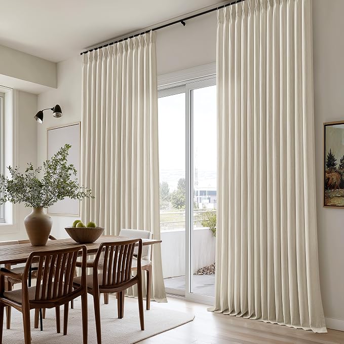 Neutral Linen Curtains 102 Inch Long Pinch Pleated 2 Panels for Living Room Light Filtering Semi Sheer Pinch Pleat Curtain 102 Length Memory Trained Boho Farmhouse Earthy Tone Drapes Apricot Oatmeal