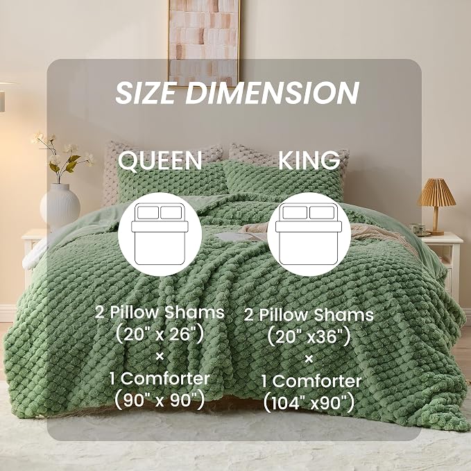 Simple&Opulence Fluffy Faux Fur Comforter Set, Plush Fuzzy Minky Bedding Set, 3 Pieces Warm Soft Comforter Bedding Set for Winter - 1 Shaggy Comforter with 2 Pillow Shams(Queen, Grid - Green)