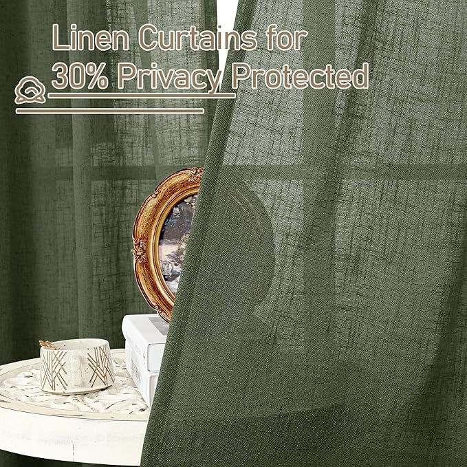 LAMIT Christmas Short Linen Curtains 36 Inch Length 2 Panels, Olive Green Light Filtering Panels Back Tab and Rod Pocket Neutral Cafe Drapes for Bathroom/Small Windows, 34 x 36 Inch