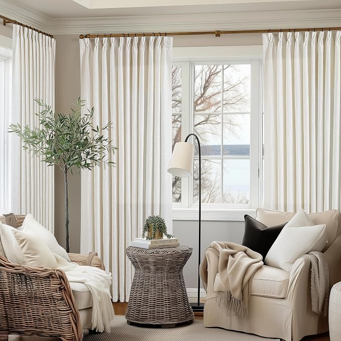 TWODRAPES Pinch Pleated Extra Wide Curtain Panels 96 Inches Long 70 Wide Linen Curtain for Patio Sliding Glass Door Semi Sheer Cream Hooks Rings Privacy 96 Inch Length for Living Room 70x96 1 Panel