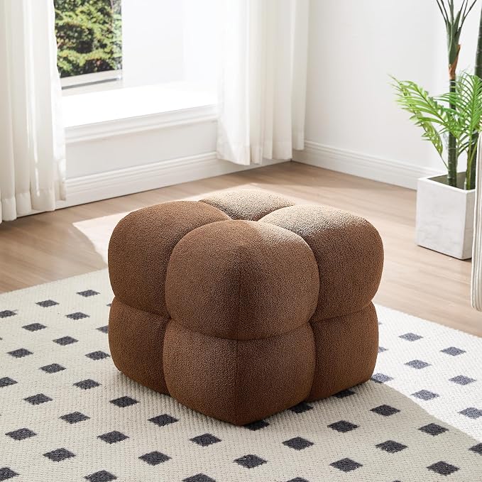 Zesthouse Square Pouf Ottomans Footstool Set of 2, Upholstered Poofy Ottoman for Couch Sofa, Modern Ottoman Coffee Table for Living Room, Rust Brown Boucle Fabric Stool Foot Rest, Cute Vanity Chair