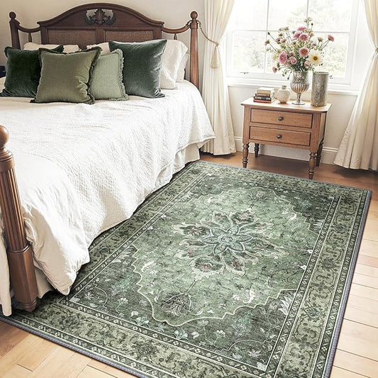 RELEANY Area Rugs 4'x5' Washable Non-Slip, Floral Vintage Distress Print Pattern Medallion Carpet for Living Room Bedroom Dining Room, Dark Green Gray