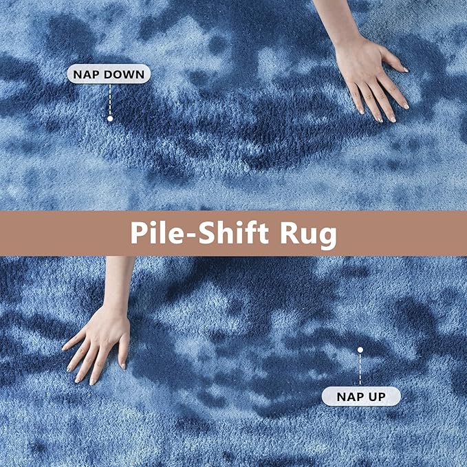 FinRèc 5x7 Washable Area Rugs for Bedroom Living Room, Low Pile Thin Ultra Soft Shag Rug, Non-Slip Carpet Indoor for Home Decor (Tie-dye Teal)
