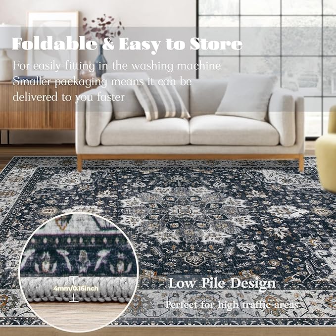Area Rug 5x7 Washable Rug, Vintage Boho Medallion Rugs Non-Slip Soft Low Pile Large Distressed Rug Indoor Retro Carpet for Living Room Bedroom Dining Room Home Office (Vintage Black, 5'x7')