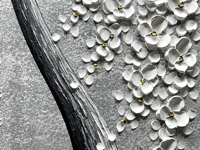 Yika Art Paintings - 24X48 Inch 3D White Flower Tree Wall Art Abstract Textured Knife Platte Acrylic Painting on Canvas 3D Flowers Tree Paintings Ready to hang