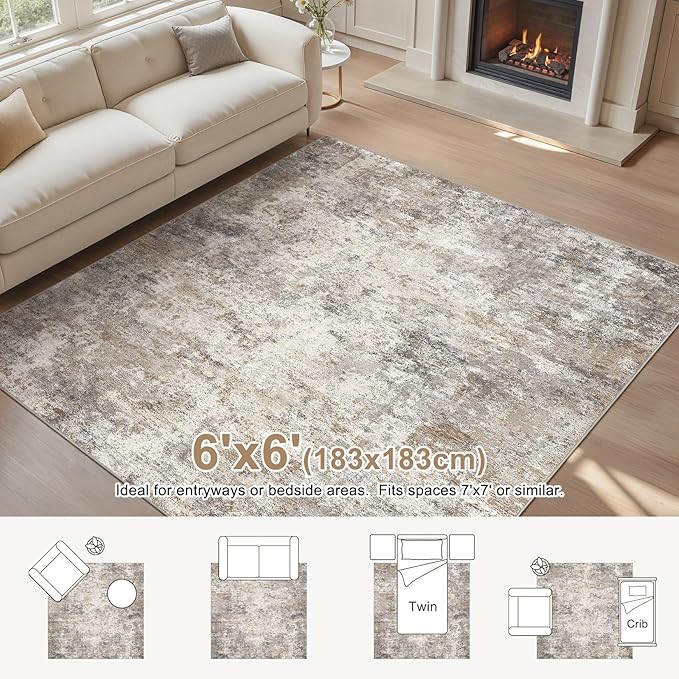 UERMEI Square Area Rugs : Washable 6x6 Neutral Modern Abstract Carpet for Living Room Bedroom - Soft Floor Mat with Non Slip Backing for Kitchen Nursery Dorms Farmhouse Home Decor - Brown Grey