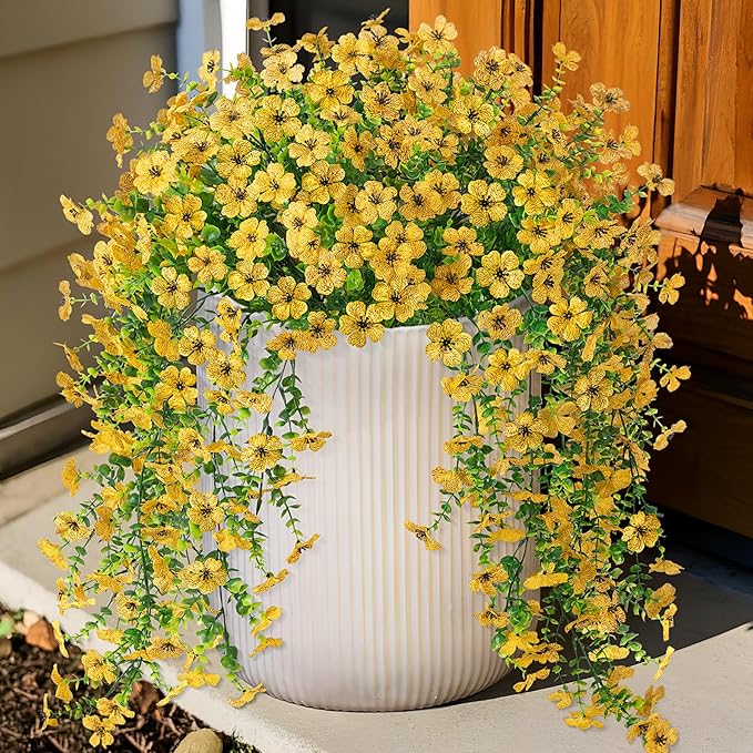 Ammyoo Artificial Hanging Flowers for Outdoors Faux Plants Decoration, 2 Packs Fake Silk Daisy Flower Realistic Outdoor Flowers UV Resistant Porch Patio Window Yard Outside Decor(Yellow)